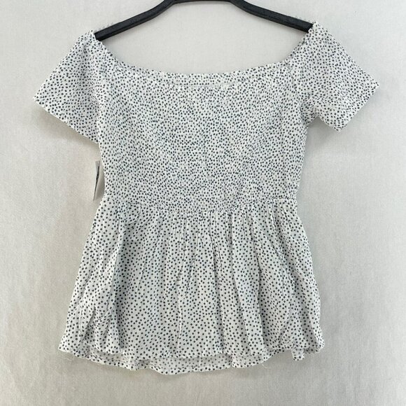 Old Navy Blouse Women's XS White Black Smocked Polka Dot Off the Shoulder Peplum - Picture 2 of 10